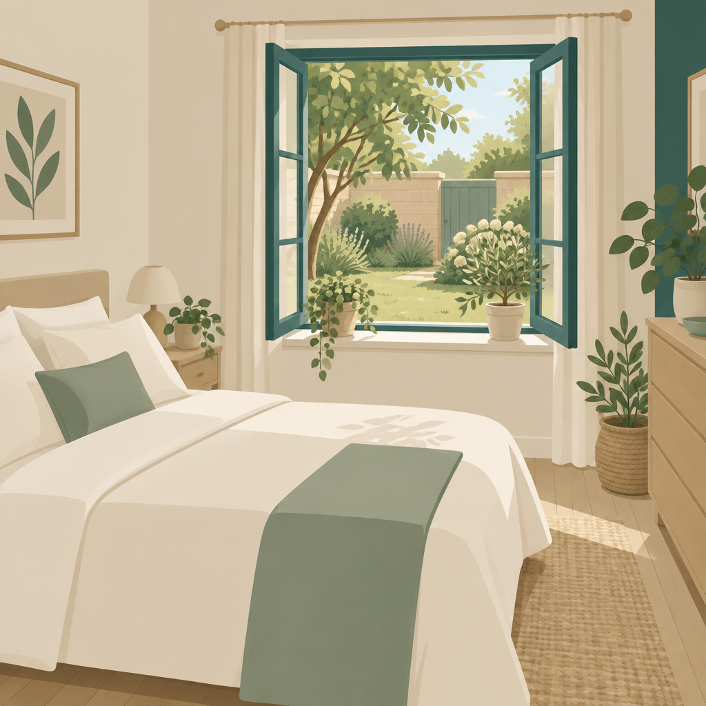 Illustration of a bright double room overlooking a tropical garden